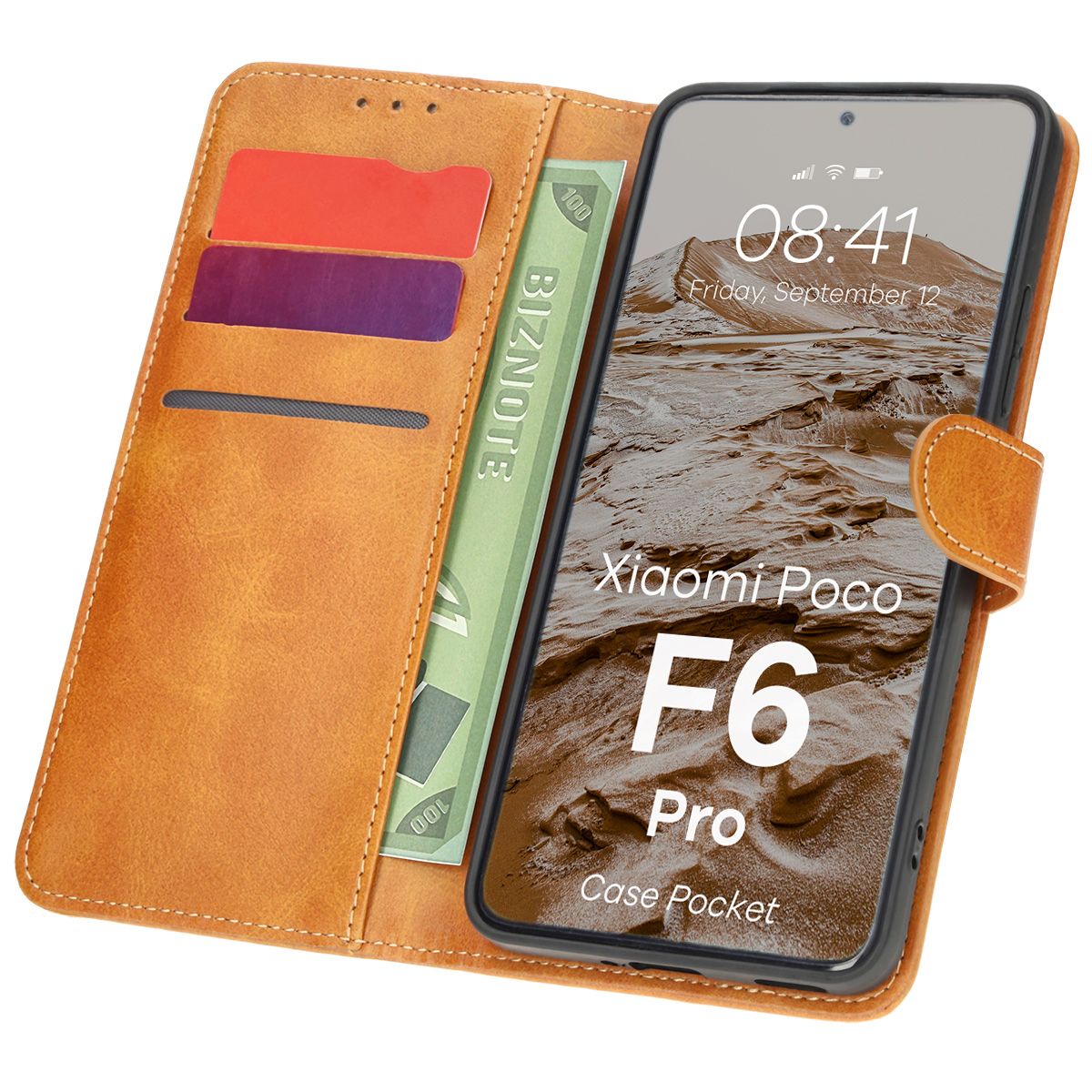 Handyhülle mit Klappe für Xiaomi Poco F6 Pro, Bizon Case Pocket, Braun