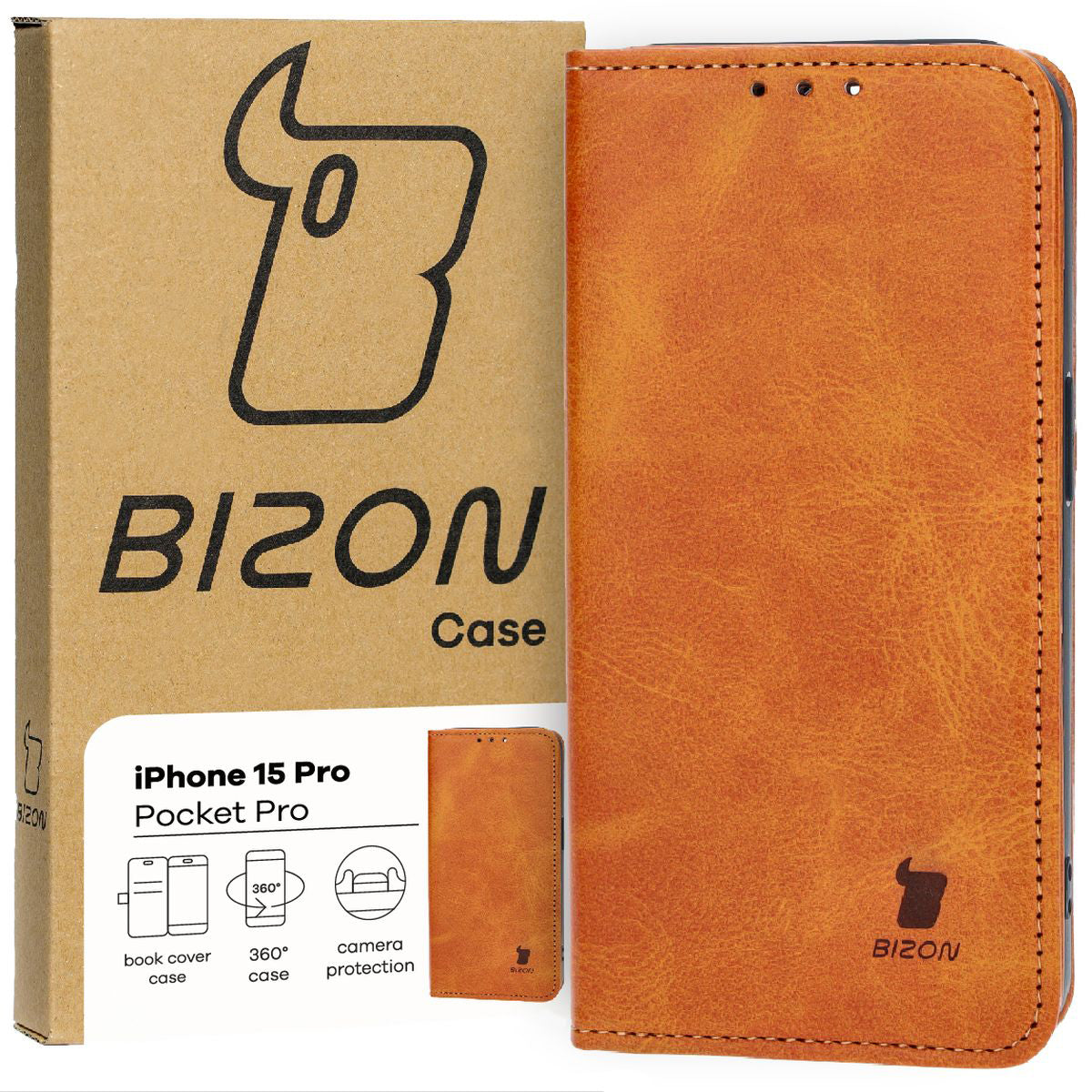 Handyhülle mit Klappe für iPhone 15 Pro, Bizon Case Pocket Pro, Braun