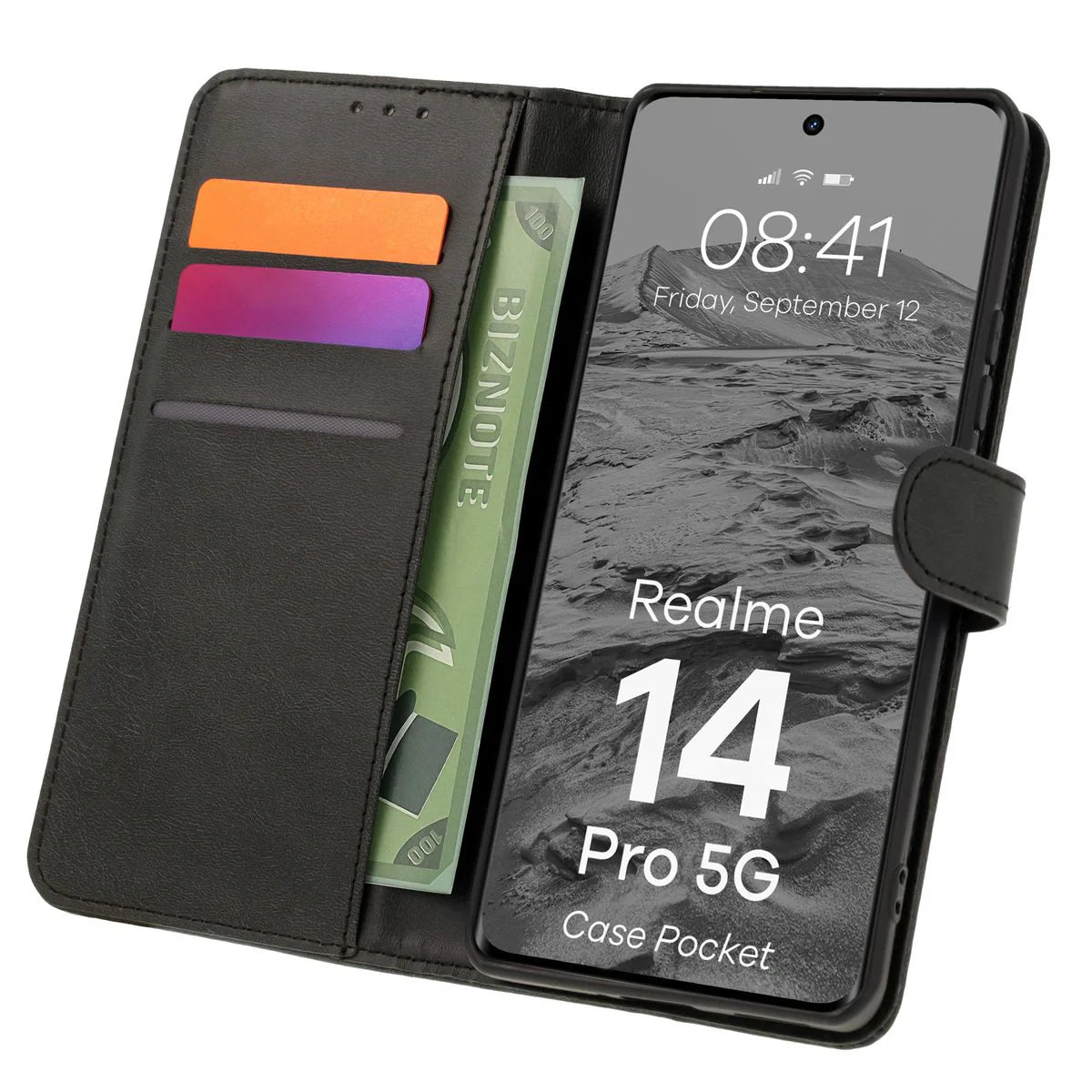 Handyhülle mit Klappe für Realme 14 Pro 5G, Bizon Case Pocket, Schwarz