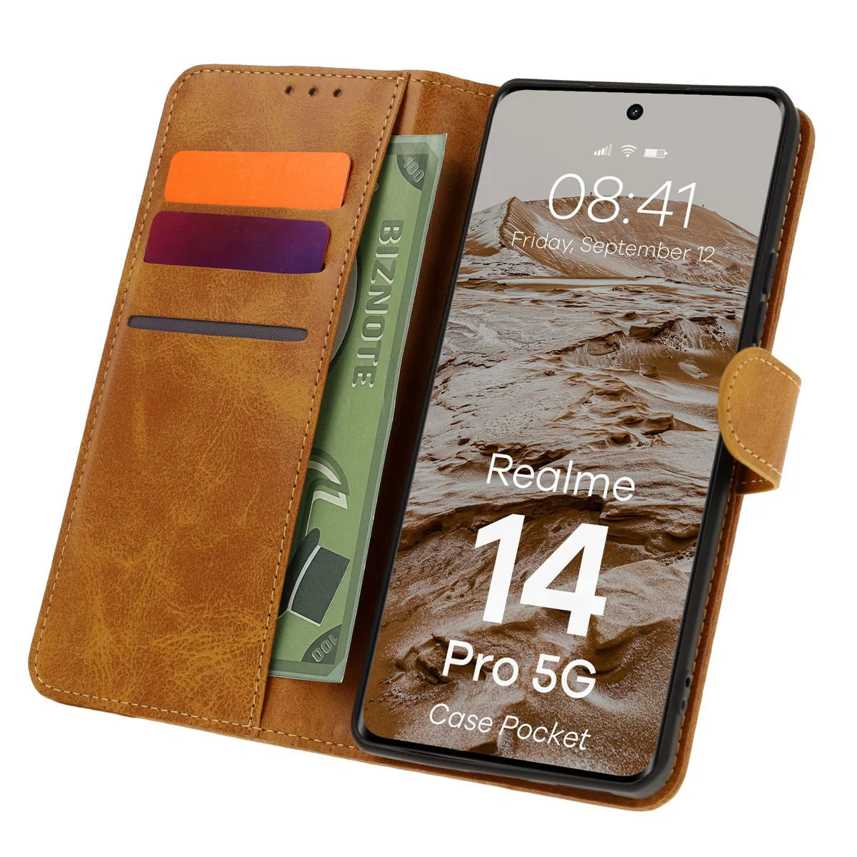 Handyhülle mit Klappe für Realme 14 Pro 5G, Bizon Case Pocket, Braun