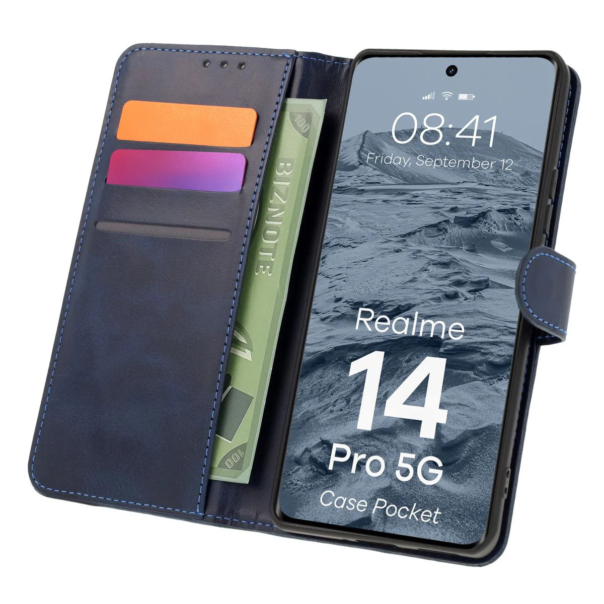 Handyhülle mit Klappe für Realme 14 Pro 5G, Bizon Case Pocket, Dunkelblau