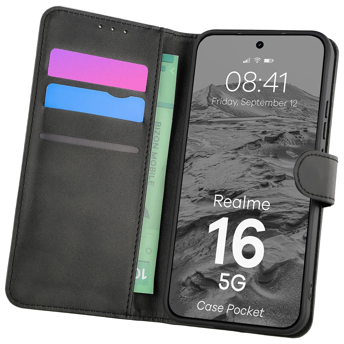 Handyhülle mit Klappe für Realme 16 5G, Bizon Case Pocket, Schwarz