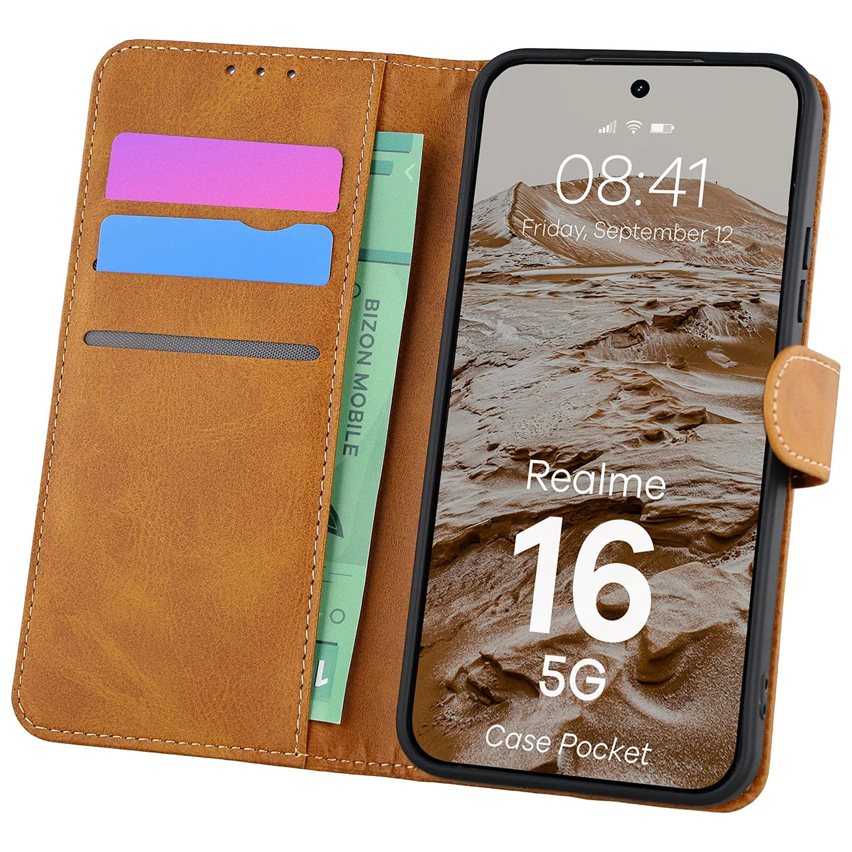 Handyhülle mit Klappe für Realme 16 5G, Bizon Case Pocket, Braun