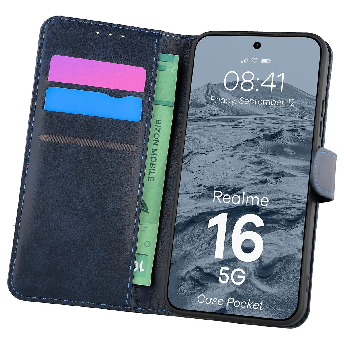 Handyhülle mit Klappe für Realme 16 5G, Bizon Case Pocket, Dunkelblau