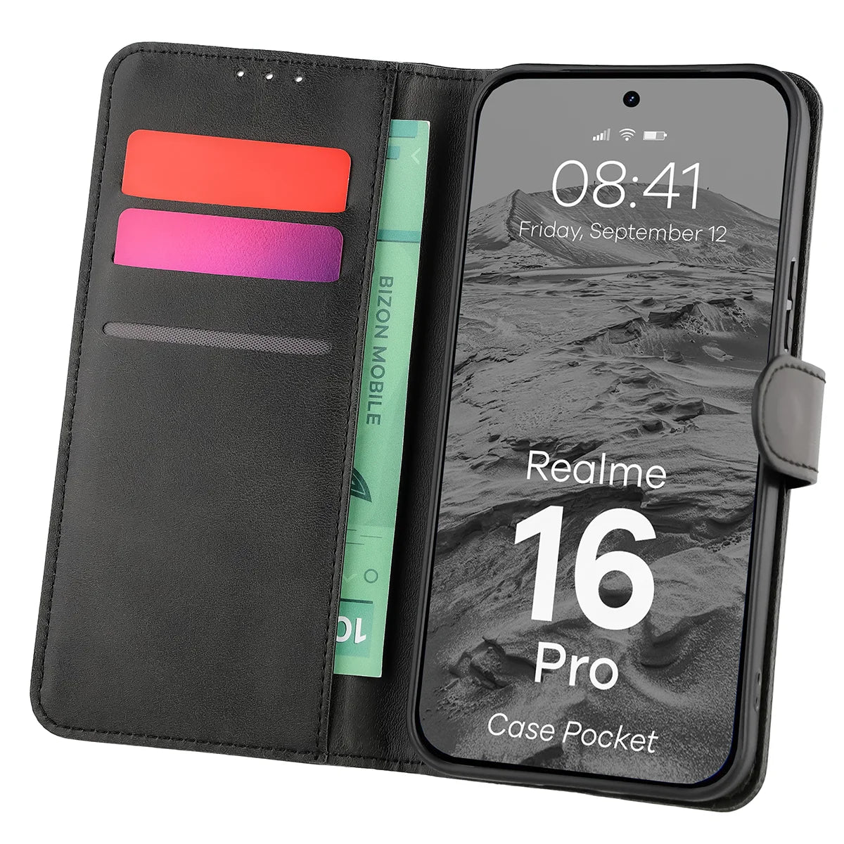 Handyhülle mit Klappe für Realme 16 Pro 5G, Bizon Case Pocket, Schwarz