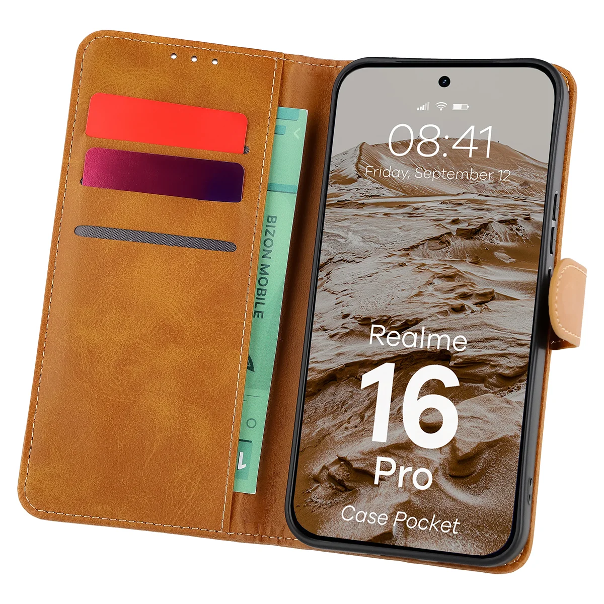 Handyhülle mit Klappe für Realme 16 Pro 5G, Bizon Case Pocket, Braun