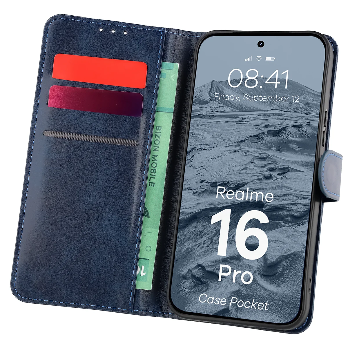 Handyhülle mit Klappe für Realme 16 Pro 5G, Bizon Case Pocket, Dunkelblau