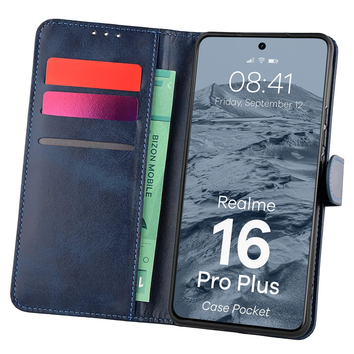 Handyhülle mit Klappe für Realme 16 Pro Plus 5G, Bizon Case Pocket, Dunkelblau