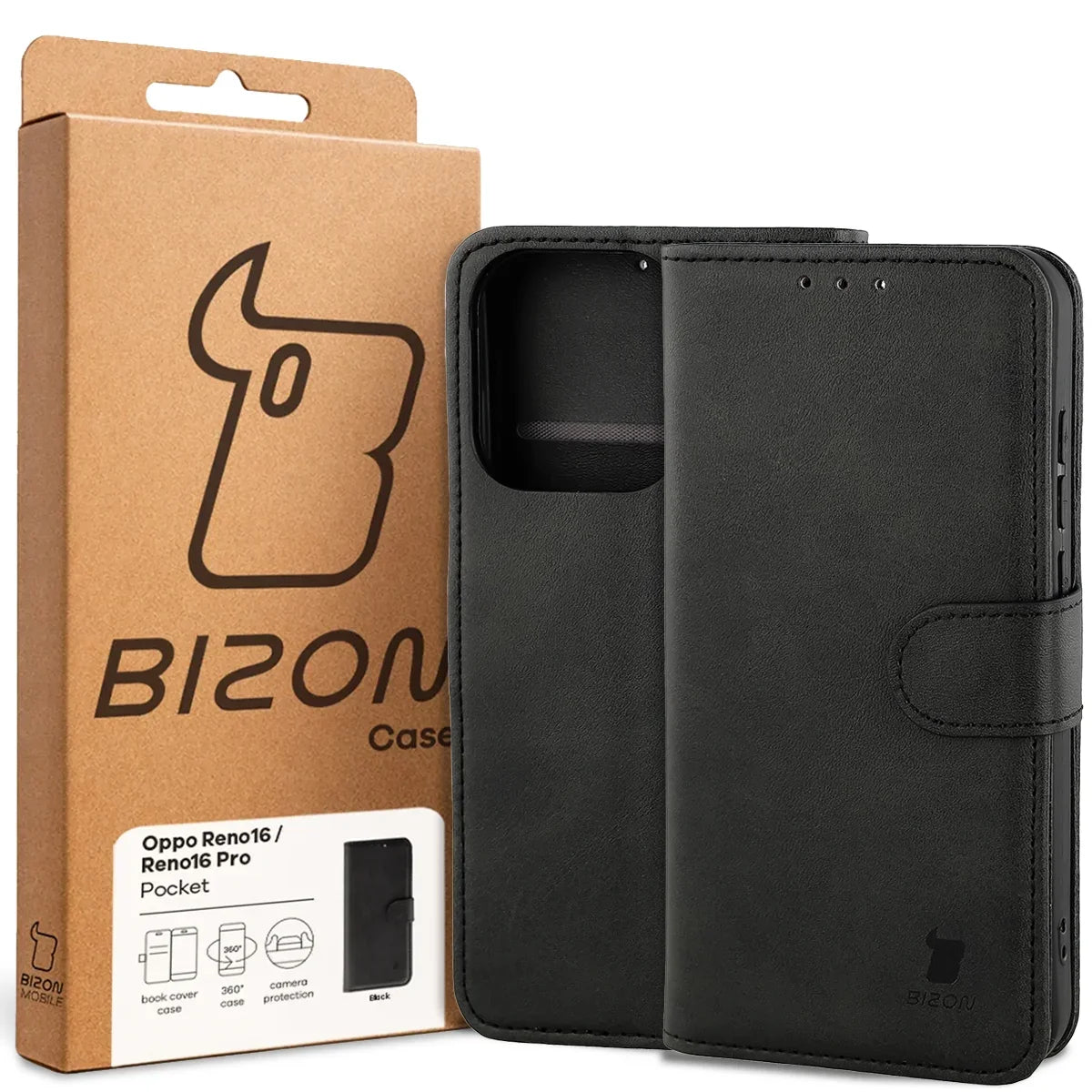 Handyhülle mit Klappe für Oppo Reno16 / Reno16 Pro 5G, Bizon Case Pocket, Schwarz