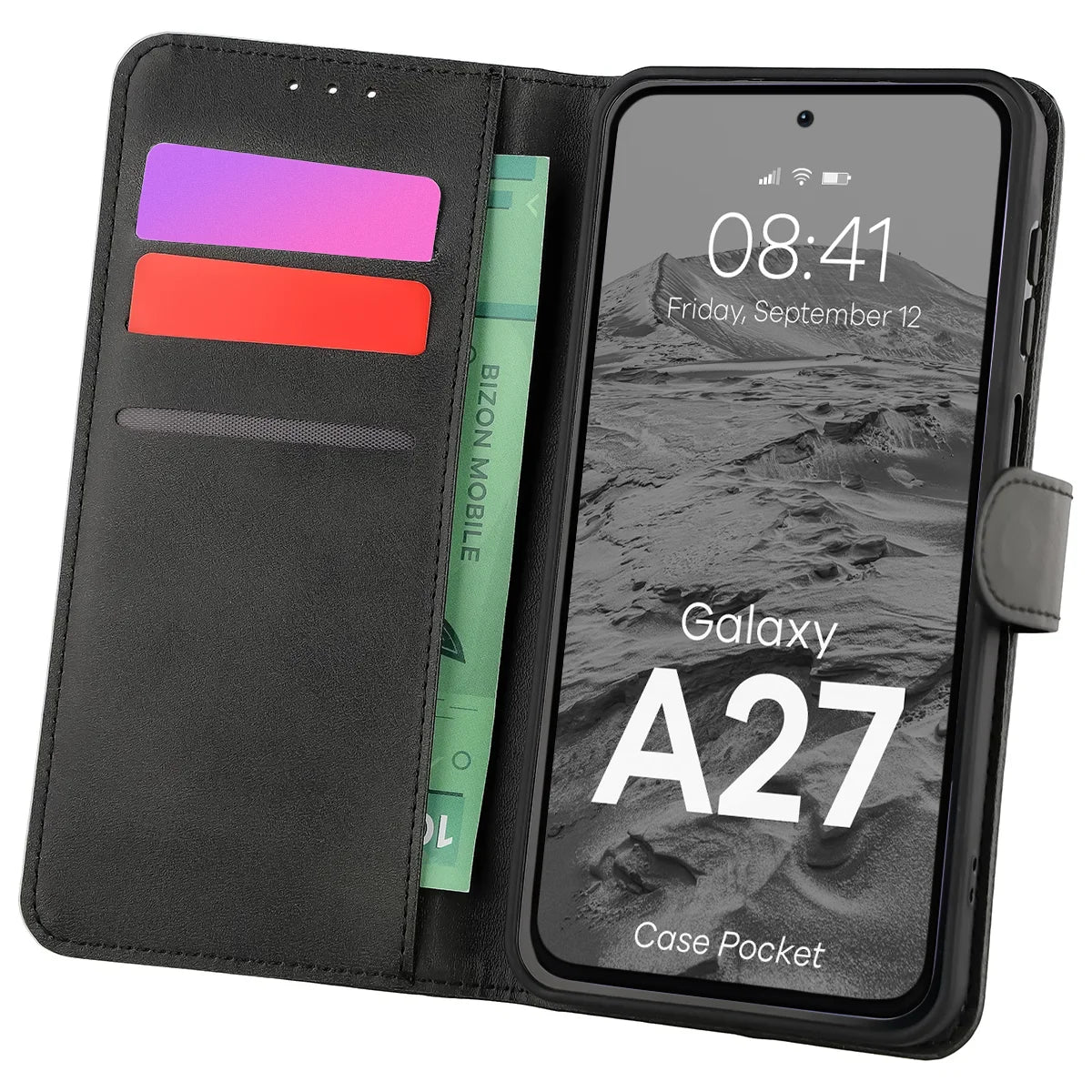 Handyhülle mit Klappe für Galaxy A27 5G, Bizon Case Pocket, Schwarz
