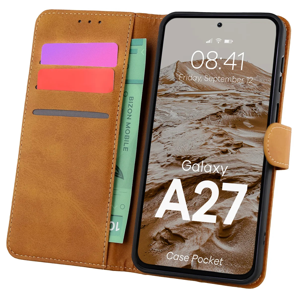 Handyhülle mit Klappe für Galaxy A27 5G, Bizon Case Pocket, Braun