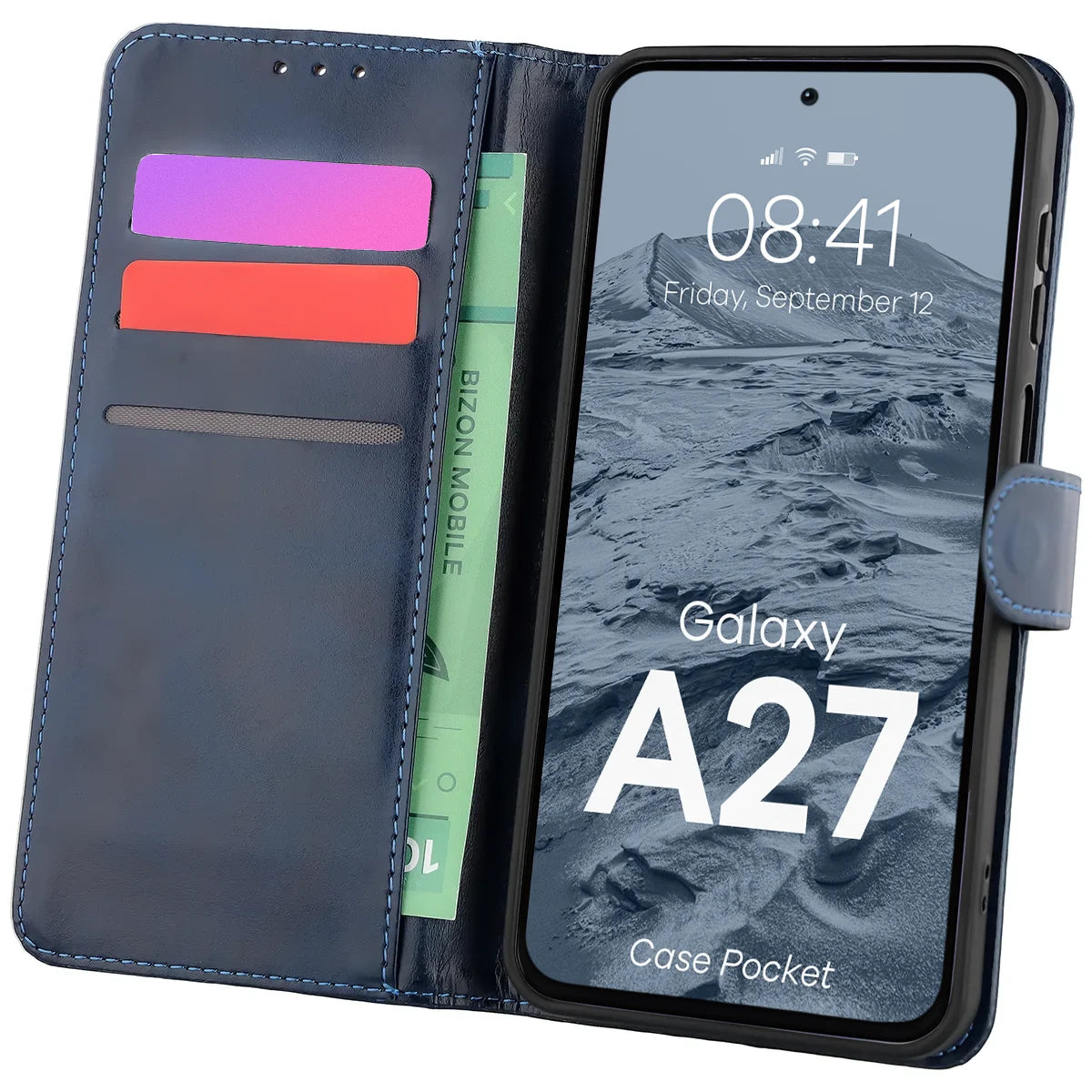 Handyhülle mit Klappe für Galaxy A27 5G, Bizon Case Pocket, Dunkelblau