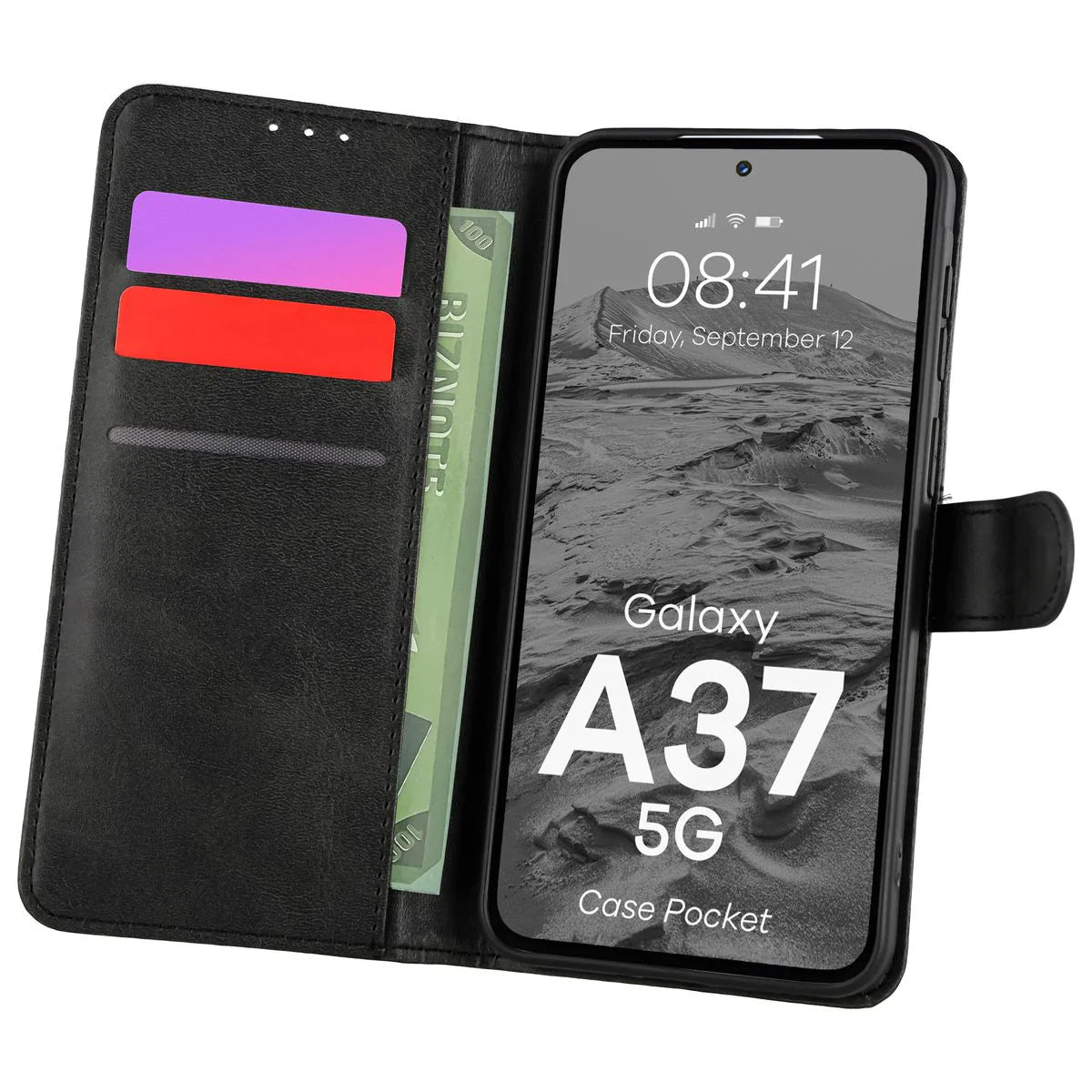 Handyhülle mit Klappe für Galaxy A37 5G, Bizon Case Pocket, Schwarz