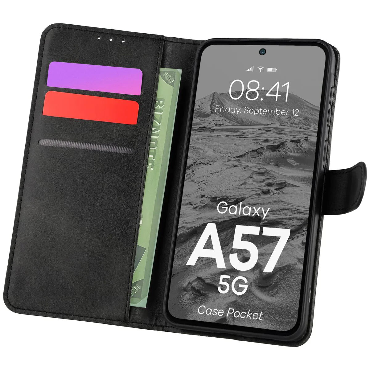 Handyhülle mit Klappe für Galaxy A57 5G, Bizon Case Pocket, Schwarz