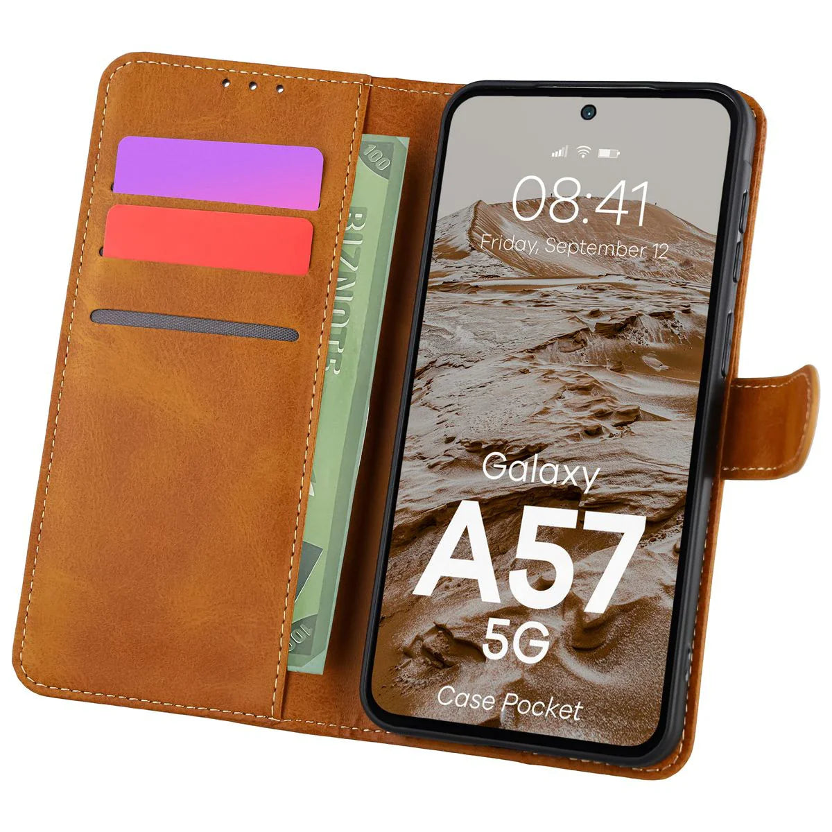 Handyhülle mit Klappe für Galaxy A57 5G, Bizon Case Pocket, Braun
