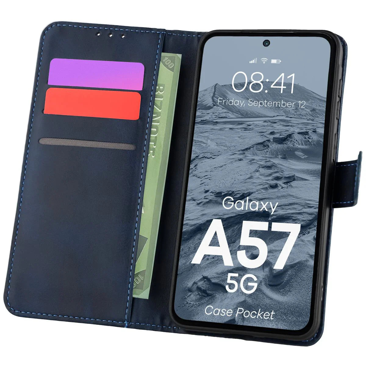 Handyhülle mit Klappe für Galaxy A57 5G, Bizon Case Pocket, Dunkelblau