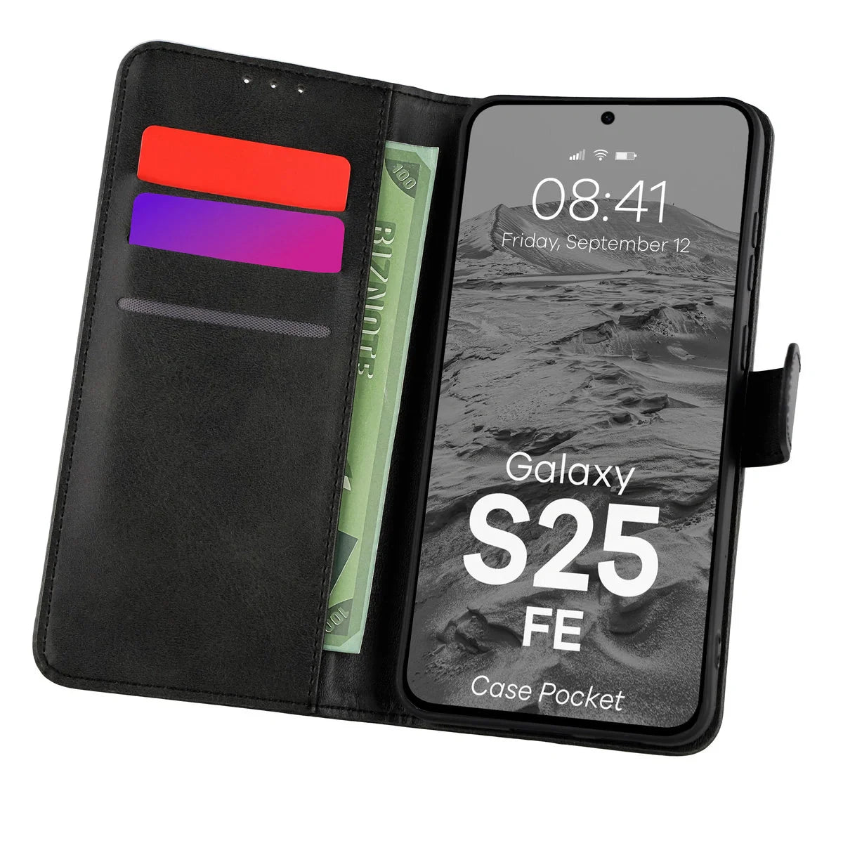 Handyhülle mit Klappe für Galaxy S25 FE, Bizon Case Pocket, Schwarz