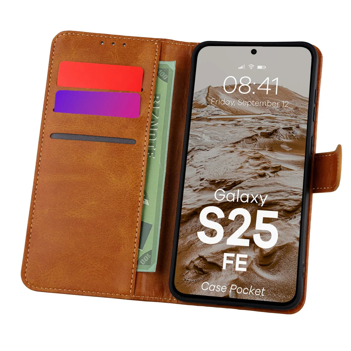 Handyhülle mit Klappe für Galaxy S25 FE, Bizon Case Pocket, Braun
