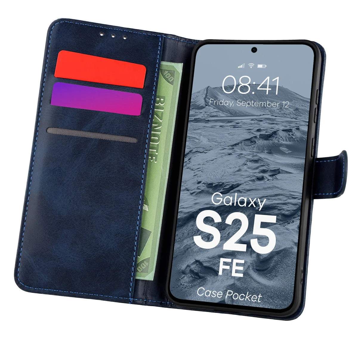 Handyhülle mit Klappe für Galaxy S25 FE, Bizon Case Pocket, Dunkelblau