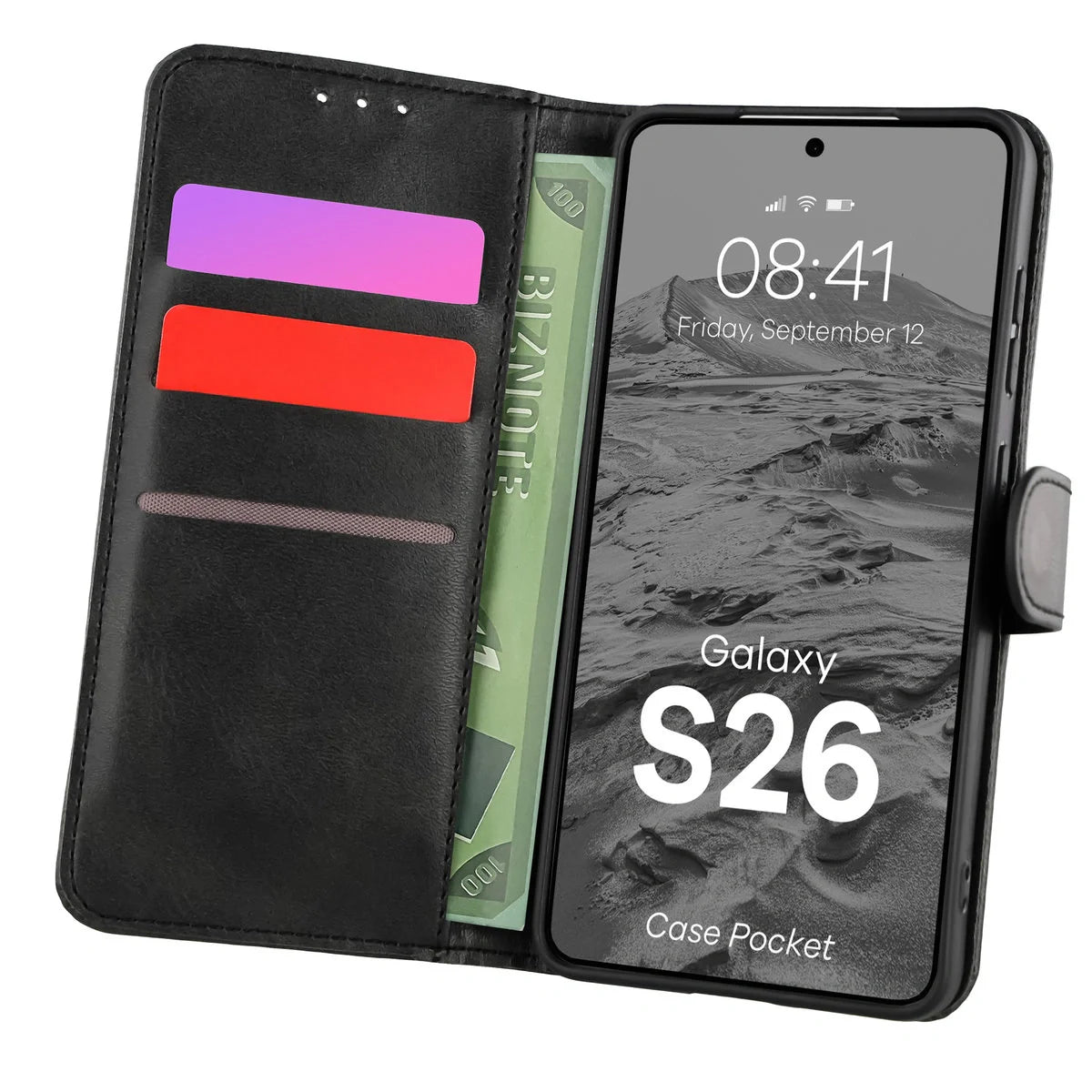 Handyhülle mit Klappe für Galaxy S26, Bizon Case Pocket, Schwarz