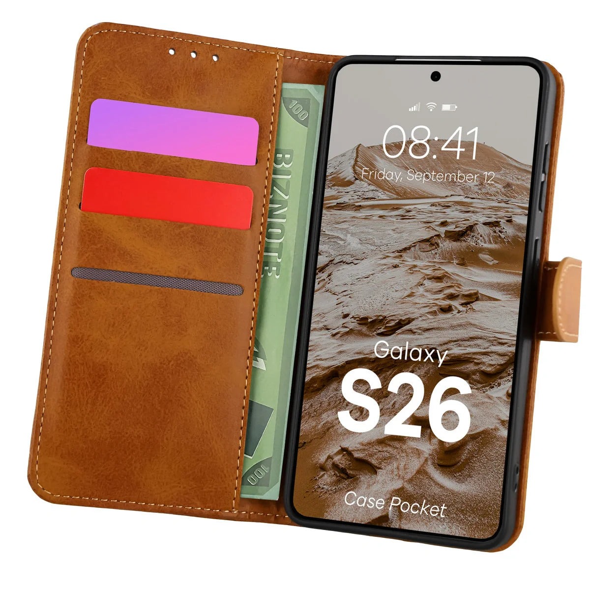 Handyhülle mit Klappe für Galaxy S26, Bizon Case Pocket, Braun