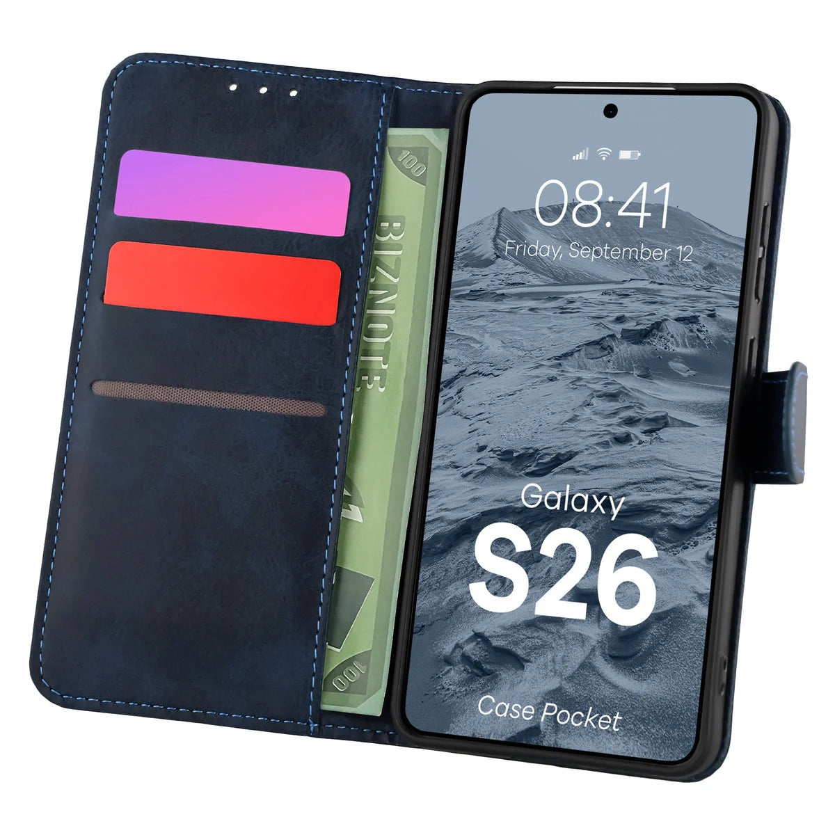 Handyhülle mit Klappe für Galaxy S26, Bizon Case Pocket, Dunkelblau