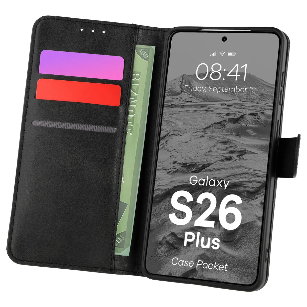 Handyhülle mit Klappe für Galaxy S26 Plus, Bizon Case Pocket, Schwarz