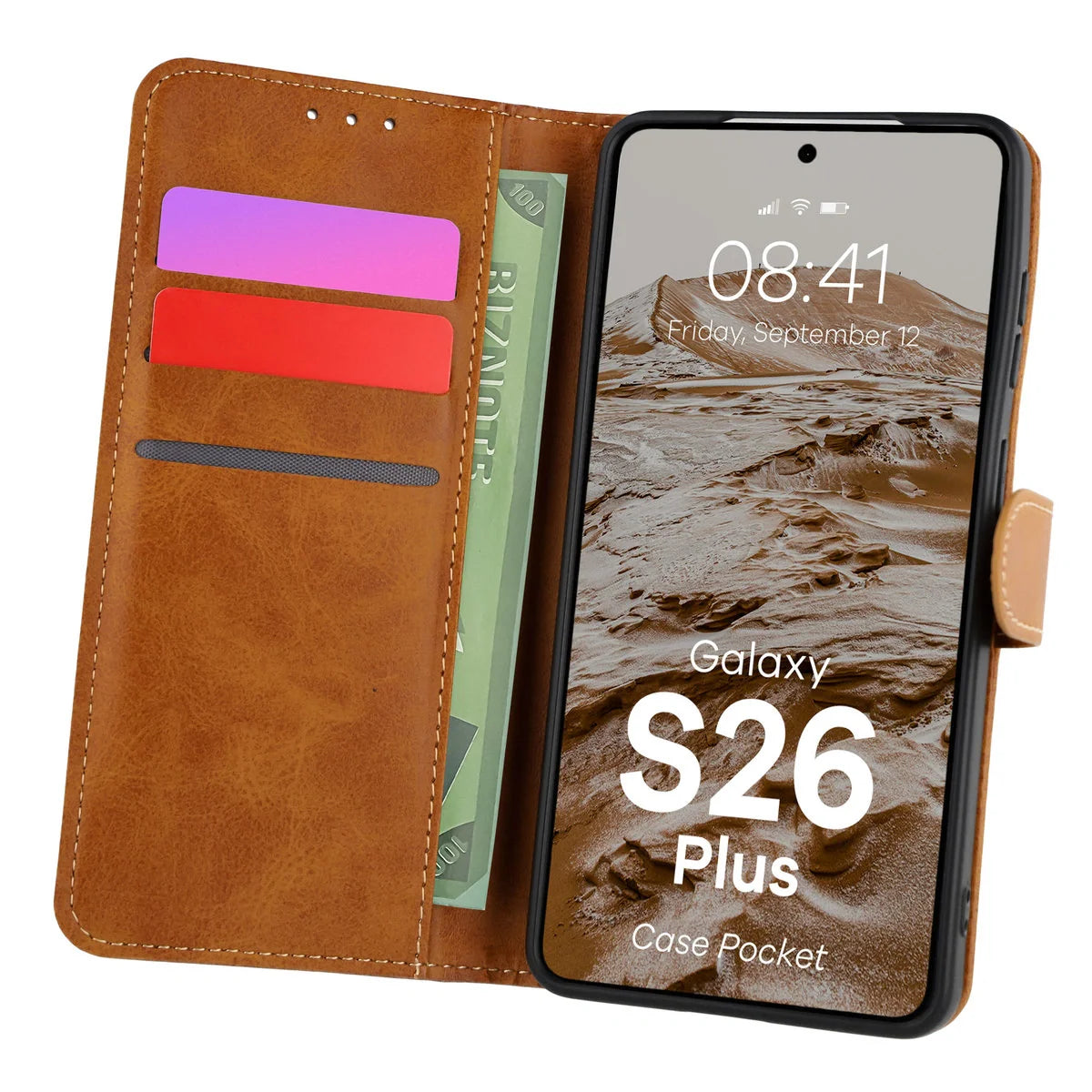 Handyhülle mit Klappe für Galaxy S26 Plus, Bizon Case Pocket, Braun