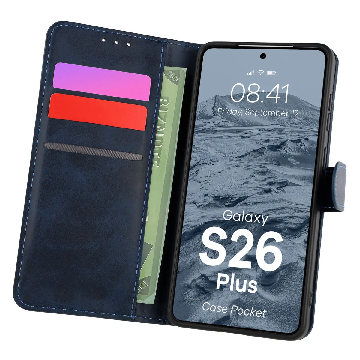 Handyhülle mit Klappe für Galaxy S26 Plus, Bizon Case Pocket, Dunkelblau