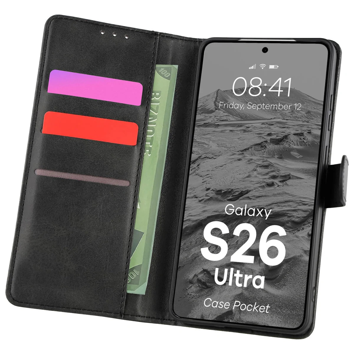 Handyhülle mit Klappe für Galaxy S26 Ultra, Bizon Case Pocket, Schwarz