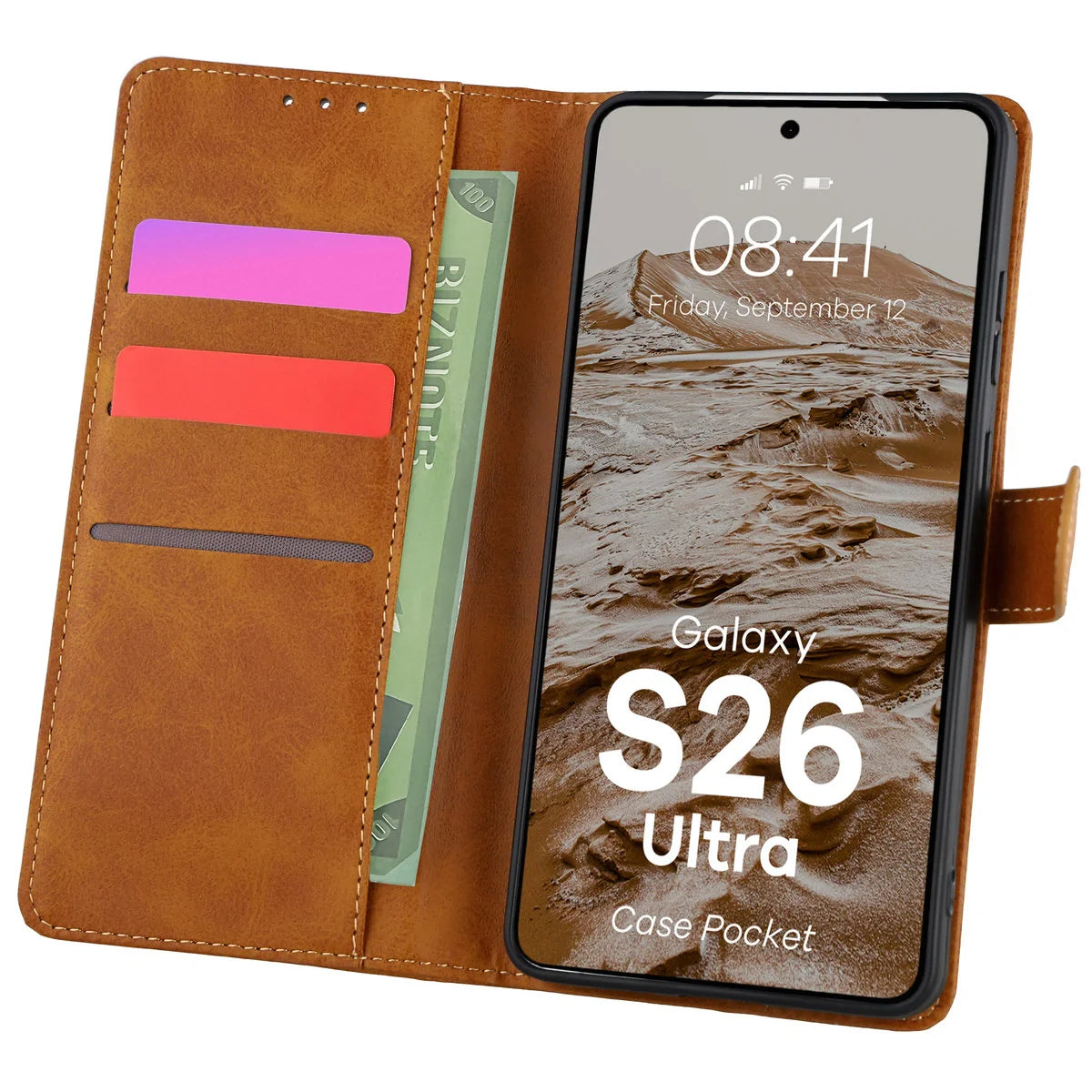 Handyhülle mit Klappe für Galaxy S26 Ultra, Bizon Case Pocket, Braun