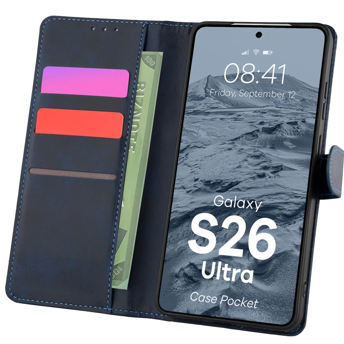Handyhülle mit Klappe für Galaxy S26 Ultra, Bizon Case Pocket, Dunkelblau