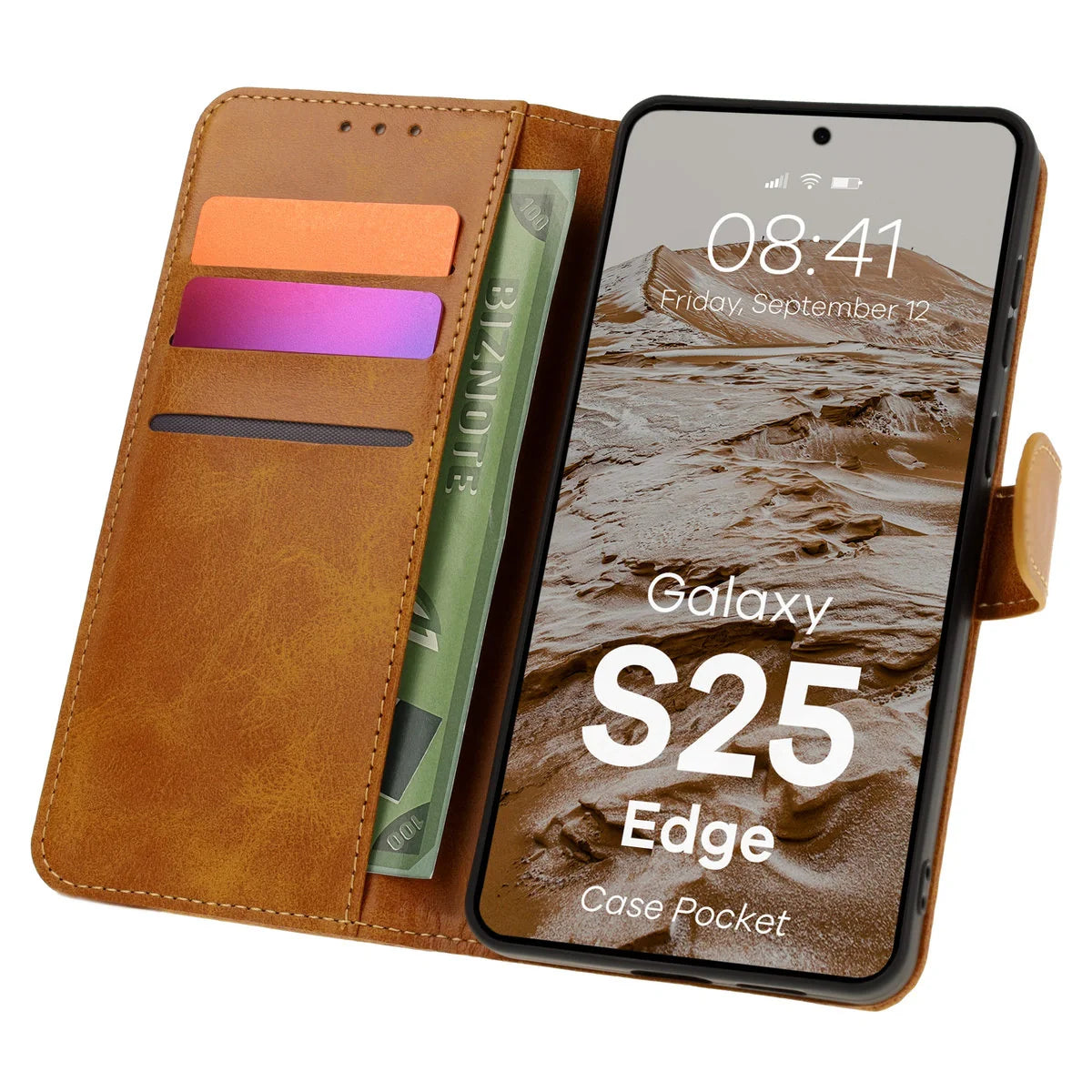 Handyhülle mit Klappe für Galaxy S25 Edge, Bizon Case Pocket, Braun
