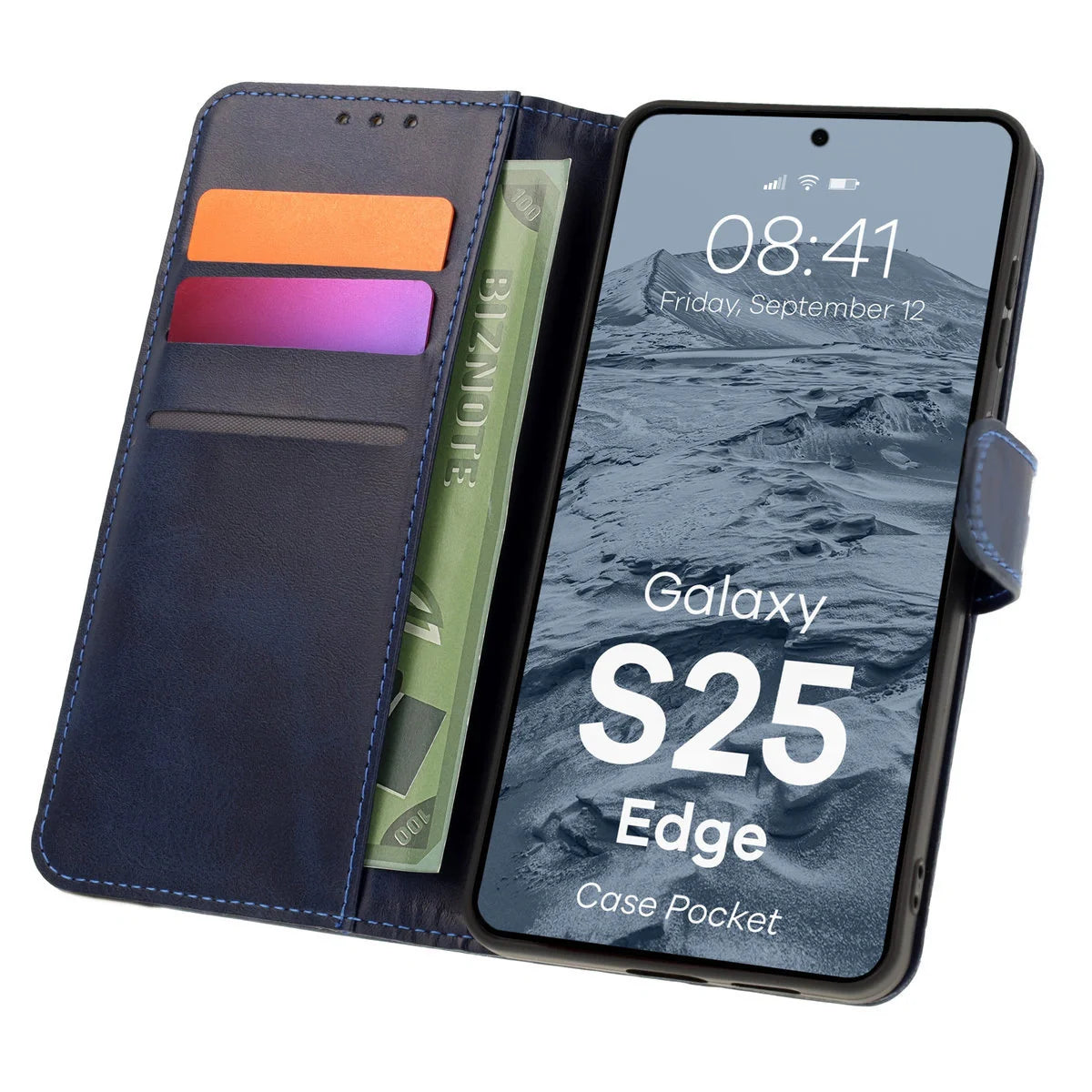 Handyhülle mit Klappe für Galaxy S25 Edge, Bizon Case Pocket, Dunkelblau