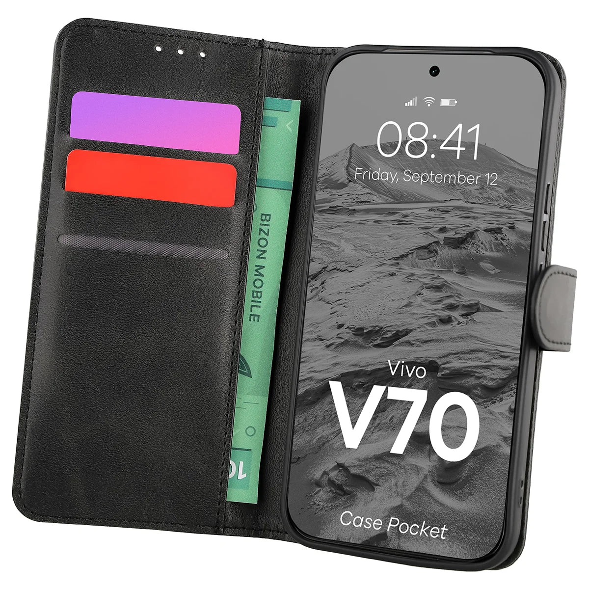 Handyhülle mit Klappe für Vivo V70 5G, Bizon Case Pocket, Schwarz