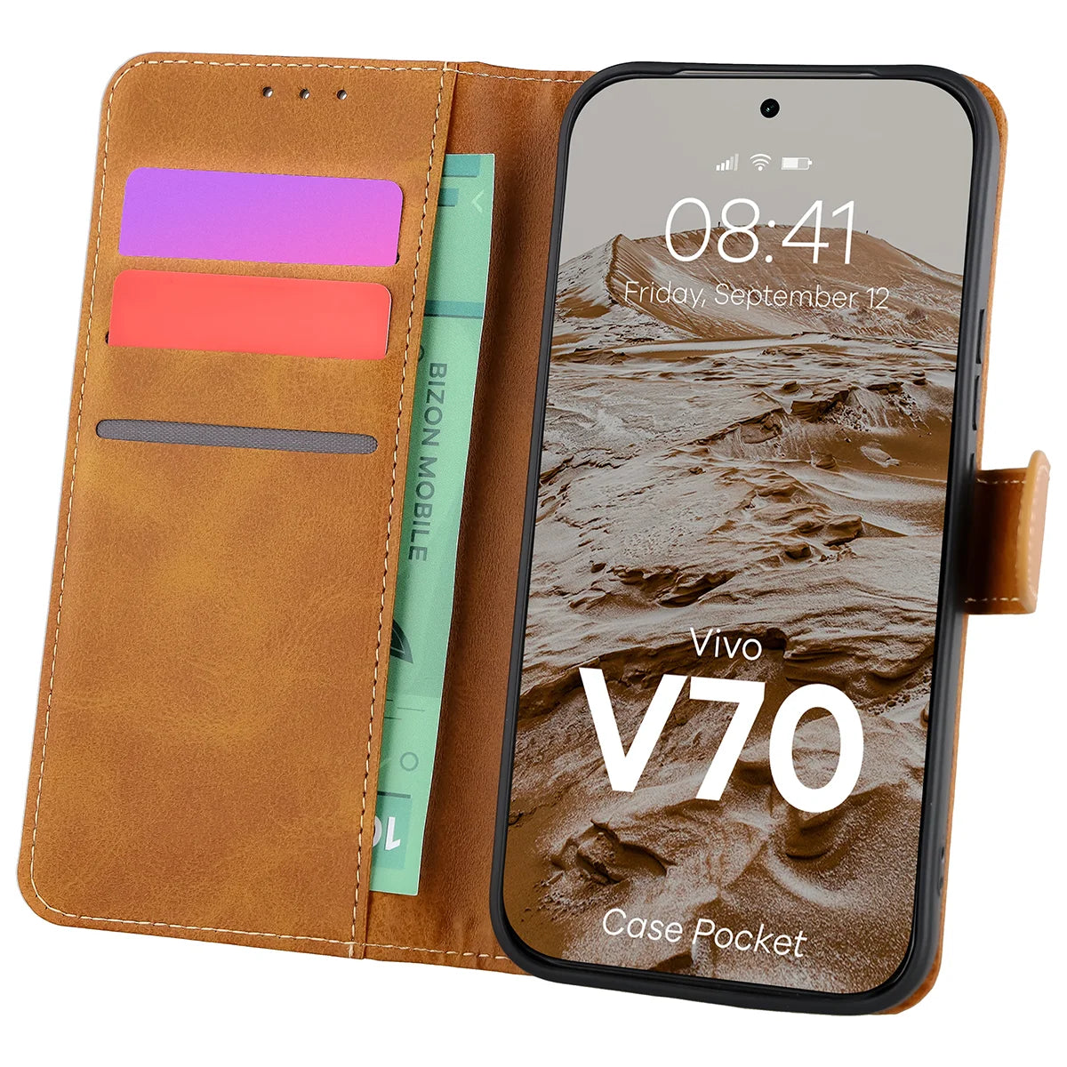 Handyhülle mit Klappe für Vivo V70 5G, Bizon Case Pocket, Braun