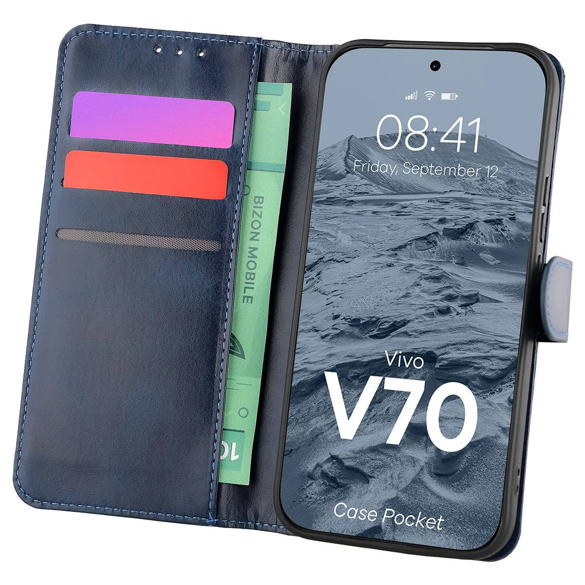 Handyhülle mit Klappe für Vivo V70 5G, Bizon Case Pocket, Dunkelblau