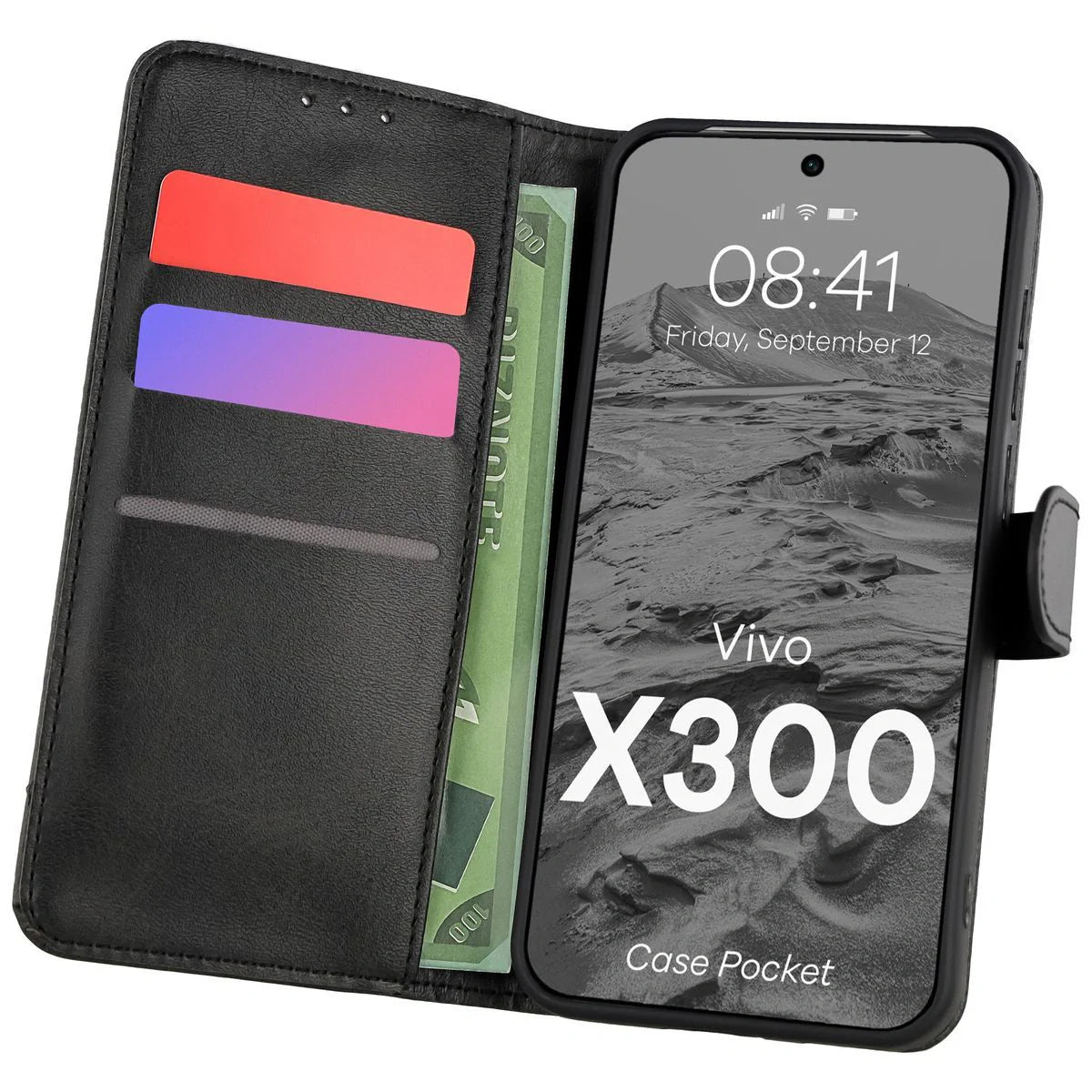 Handyhülle mit Klappe für Vivo X300, Bizon Case Pocket, Schwarz