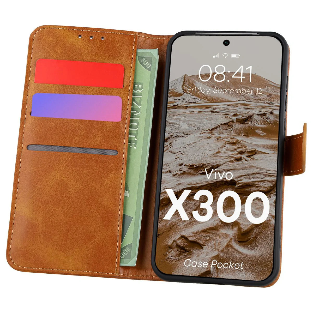 Handyhülle mit Klappe für Vivo X300, Bizon Case Pocket, Braun