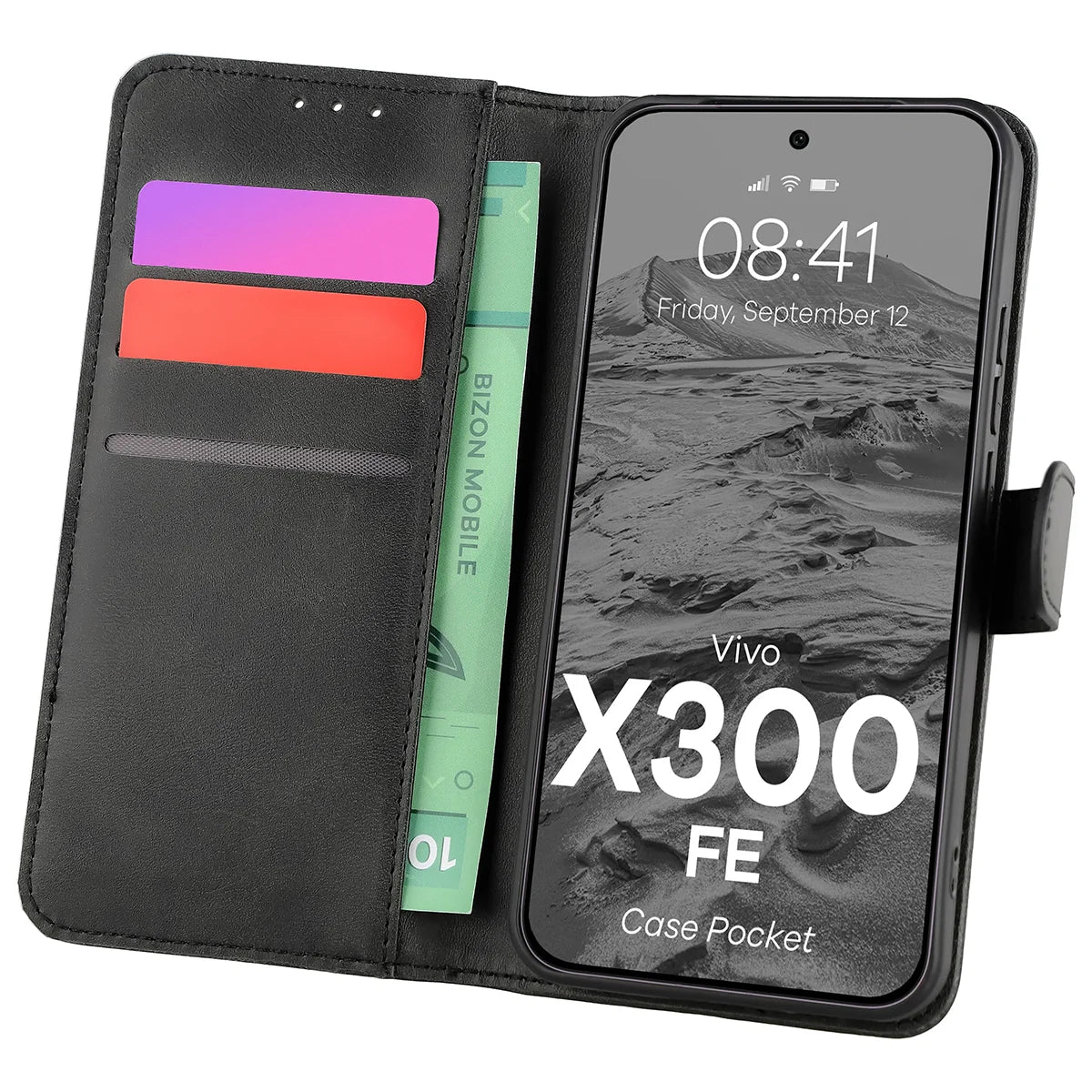 Handyhülle mit Klappe für Vivo X300 FE, Bizon Case Pocket, Schwarz