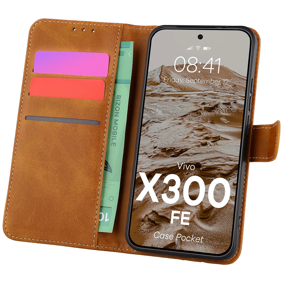 Handyhülle mit Klappe für Vivo X300 FE, Bizon Case Pocket, Braun