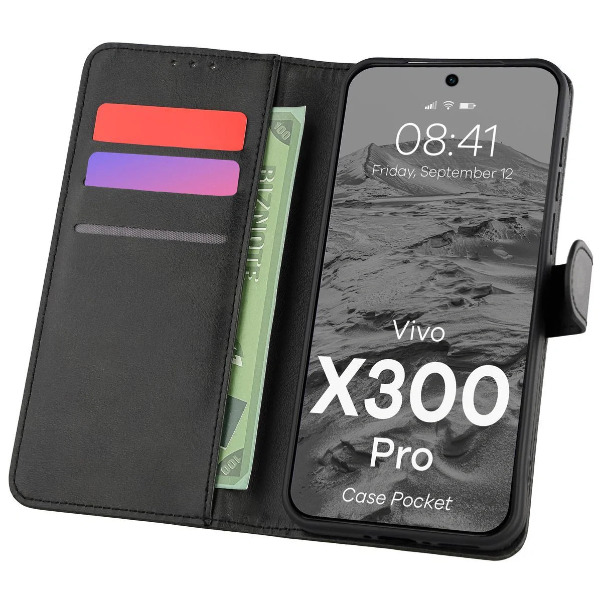 Handyhülle mit Klappe für Vivo X300 Pro, Bizon Case Pocket, Schwarz