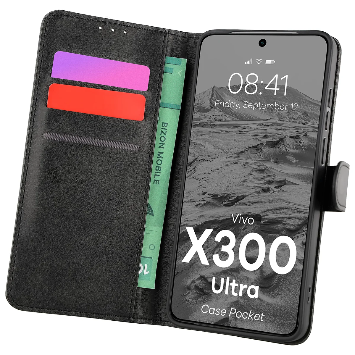 Handyhülle mit Klappe für Vivo X300 Ultra, Bizon Case Pocket, Schwarz