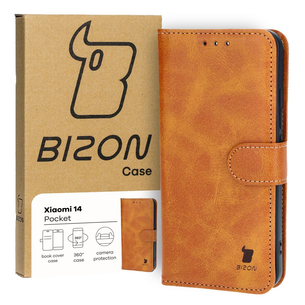 Handyhülle mit Klappe für Xiaomi 14, Bizon Case Pocket, Braun