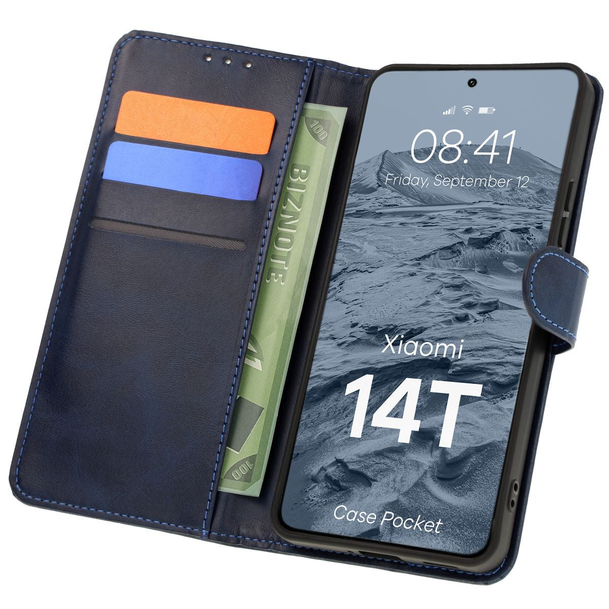 Handyhülle mit Klappe für Xiaomi 14T, Bizon Case Pocket, Dunkelblau