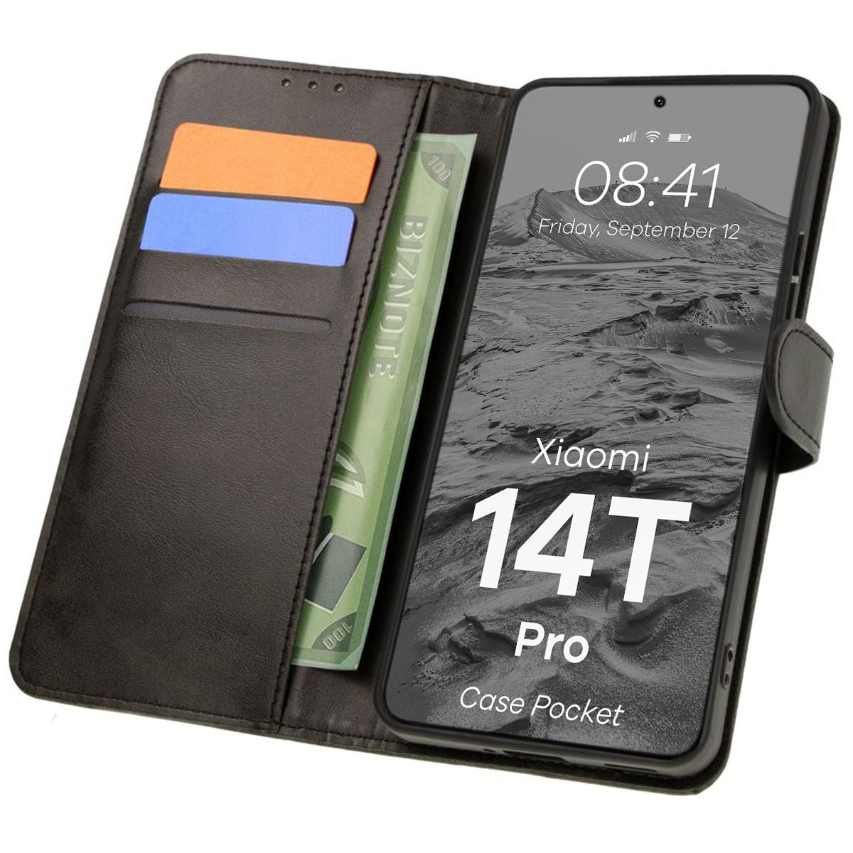 Handyhülle mit Klappe für Xiaomi 14T Pro, Bizon Case Pocket, Schwarz