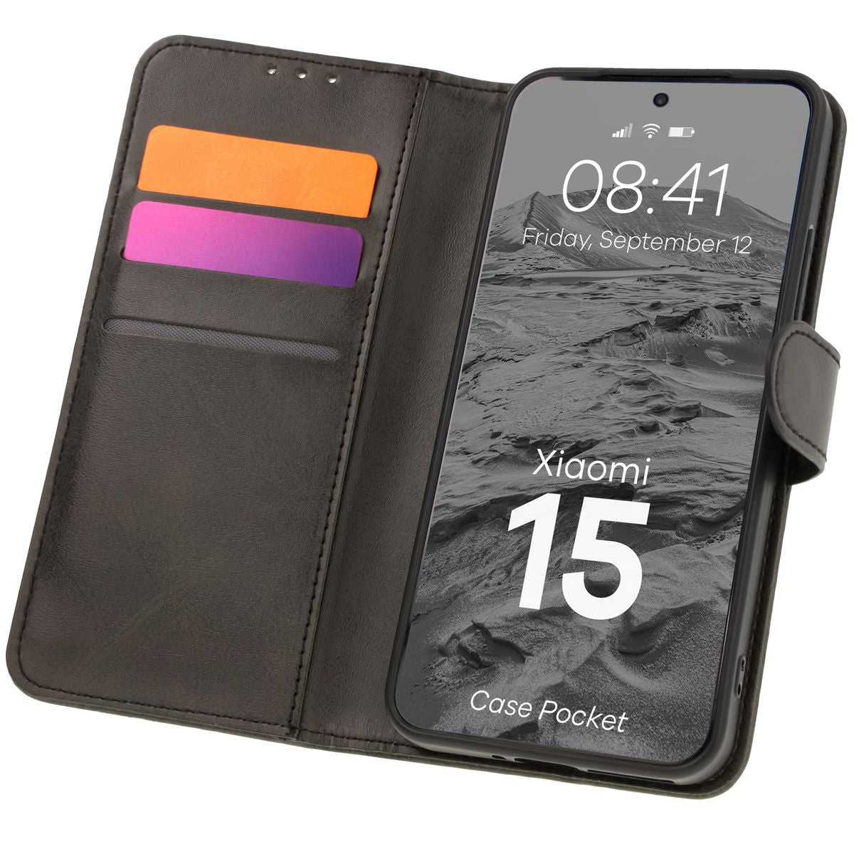 Handyhülle mit Klappe für Xiaomi 15, Bizon Case Pocket, Schwarz