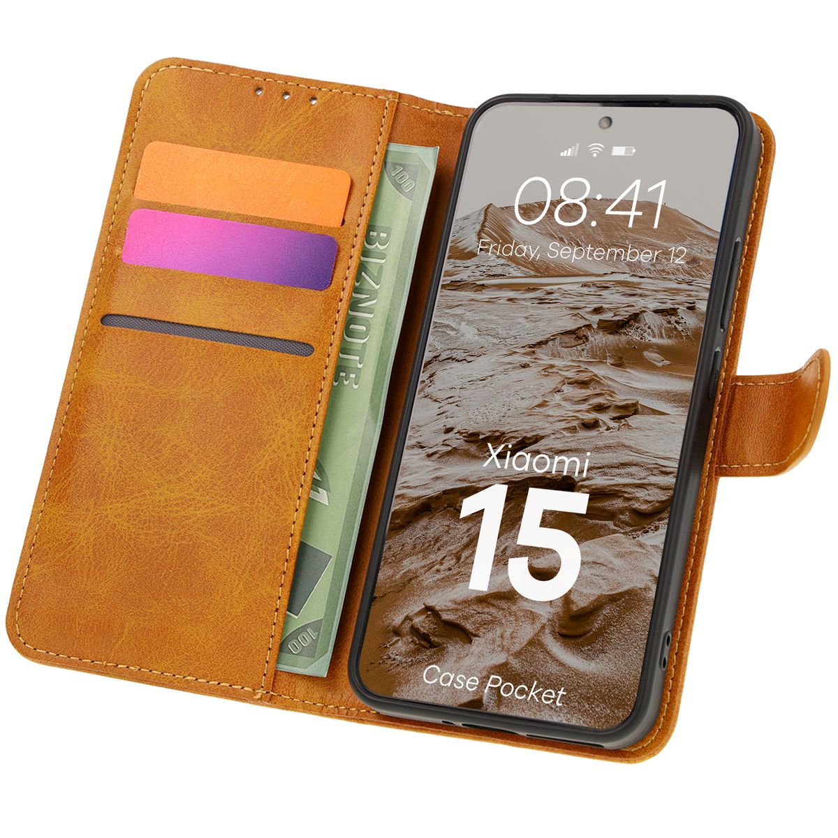 Handyhülle mit Klappe für Xiaomi 15, Bizon Case Pocket, Braun