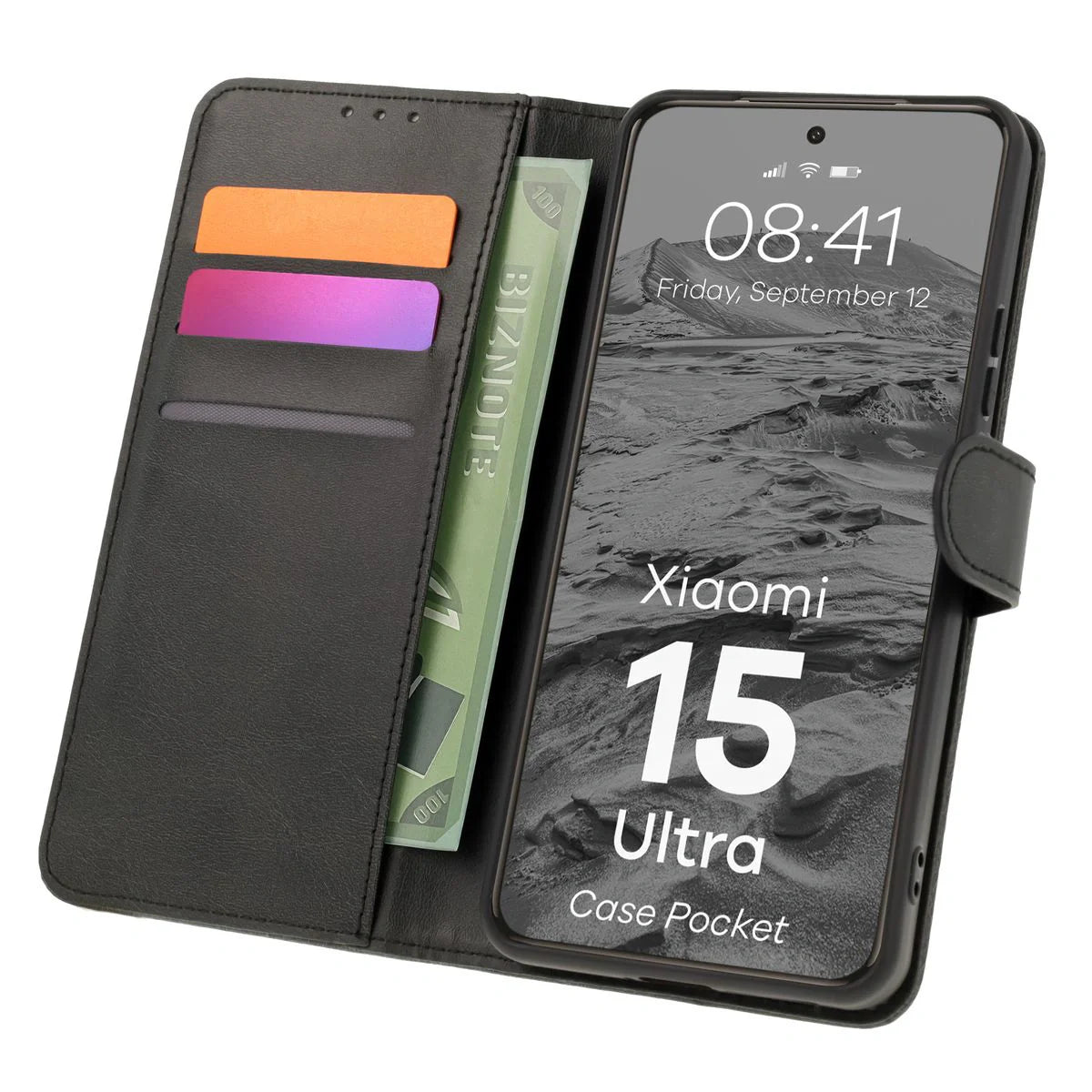Handyhülle mit Klappe für Xiaomi 15 Ultra, Bizon Case Pocket, Schwarz