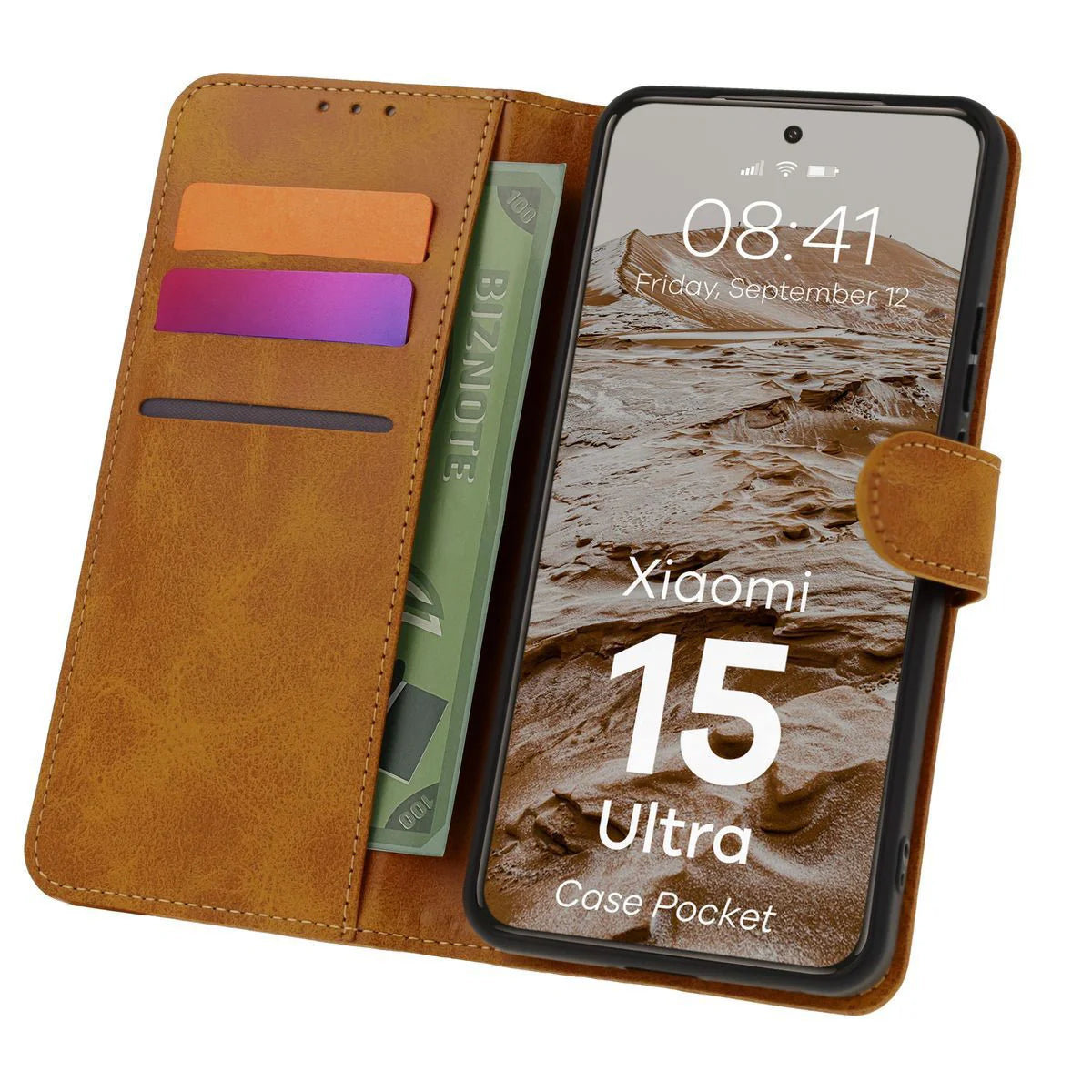 Handyhülle mit Klappe für Xiaomi 15 Ultra, Bizon Case Pocket, Braun